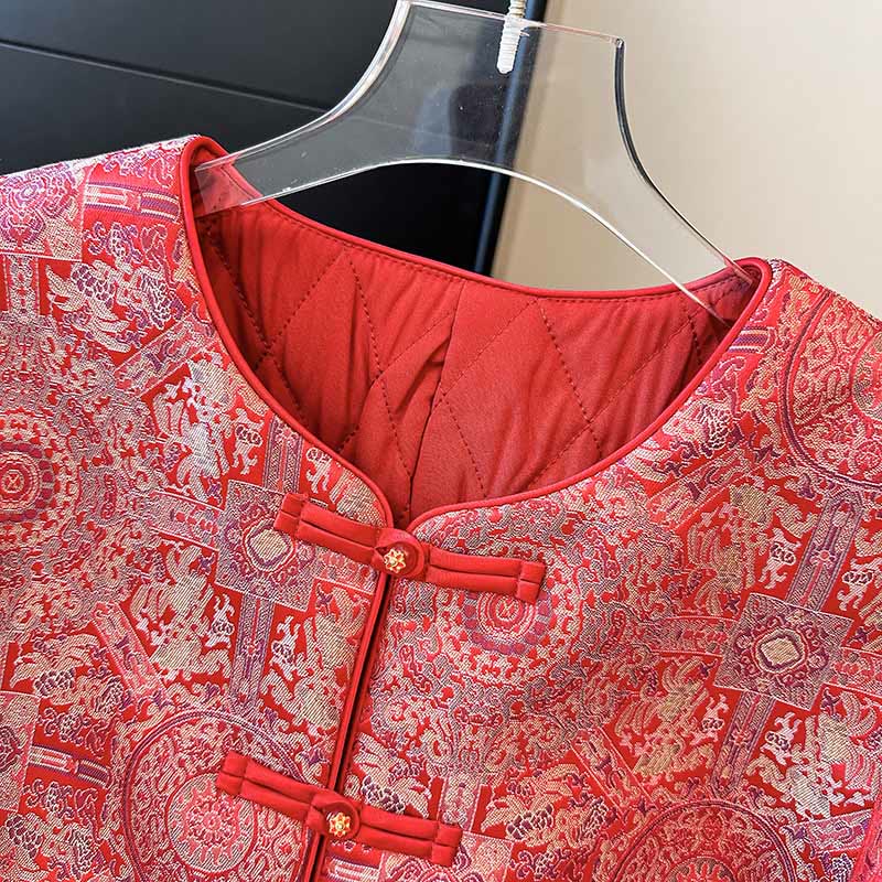 Women's Jacquard Symmetric Floral Pattern Long Sleeve Cotton Jacket With Pockets