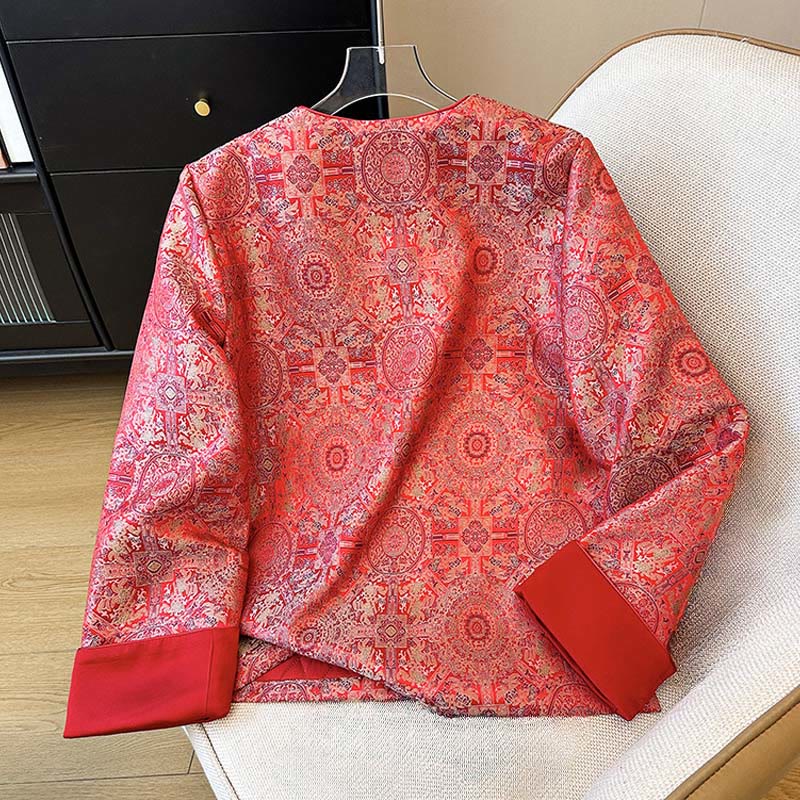 Women's Jacquard Symmetric Floral Pattern Long Sleeve Cotton Jacket With Pockets