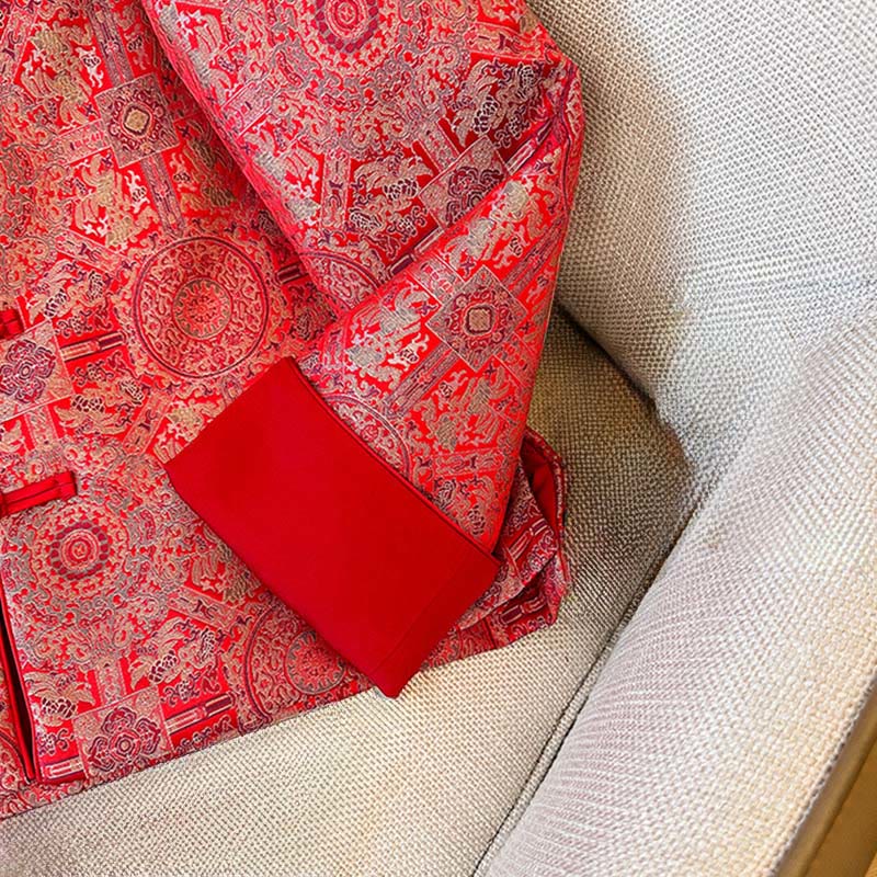 Women's Jacquard Symmetric Floral Pattern Long Sleeve Cotton Jacket With Pockets