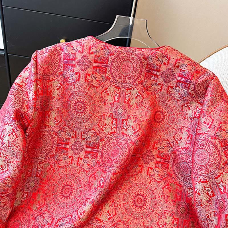 Women's Jacquard Symmetric Floral Pattern Long Sleeve Cotton Jacket With Pockets