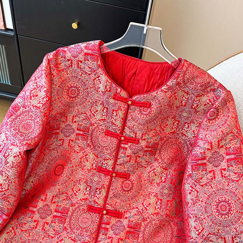 Women's Jacquard Symmetric Floral Pattern Long Sleeve Cotton Jacket With Pockets