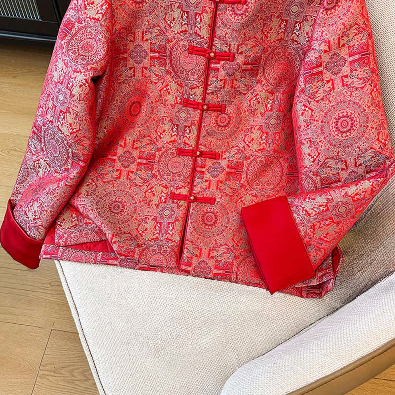Women's Jacquard Symmetric Floral Pattern Long Sleeve Cotton Jacket With Pockets