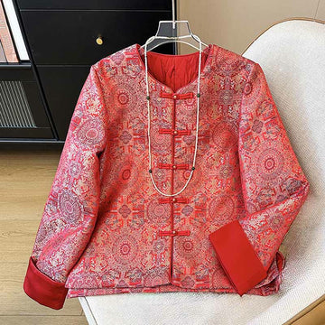 Women's Jacquard Symmetric Floral Pattern Long Sleeve Cotton Jacket With Pockets