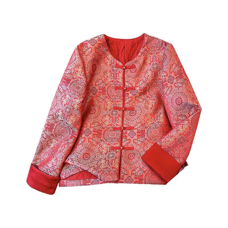 Women's Jacquard Symmetric Floral Pattern Long Sleeve Cotton Jacket With Pockets