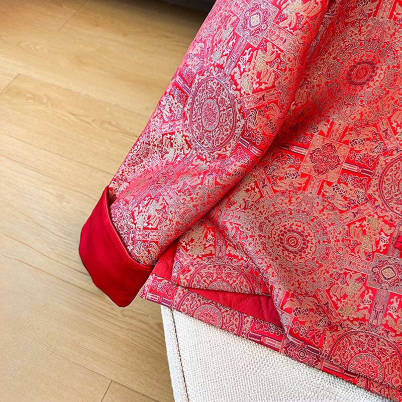 Women's Jacquard Symmetric Floral Pattern Long Sleeve Cotton Jacket With Pockets