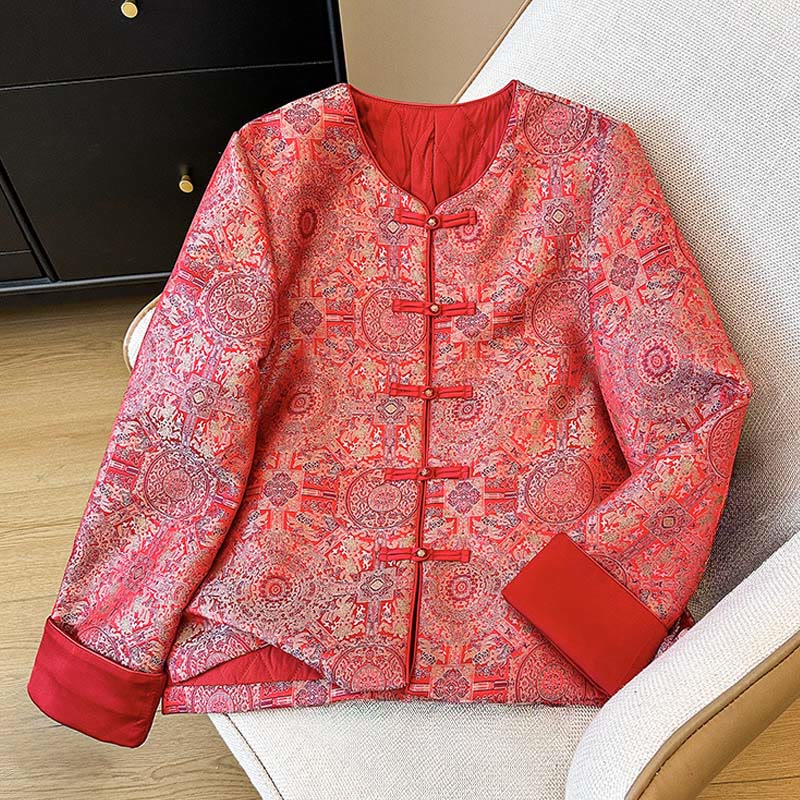 Women's Jacquard Symmetric Floral Pattern Long Sleeve Cotton Jacket With Pockets