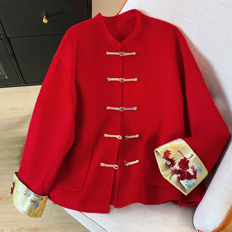 Winter Embroidery Buttons Design Long Sleeve Women's Cotton Jacket With Pockets