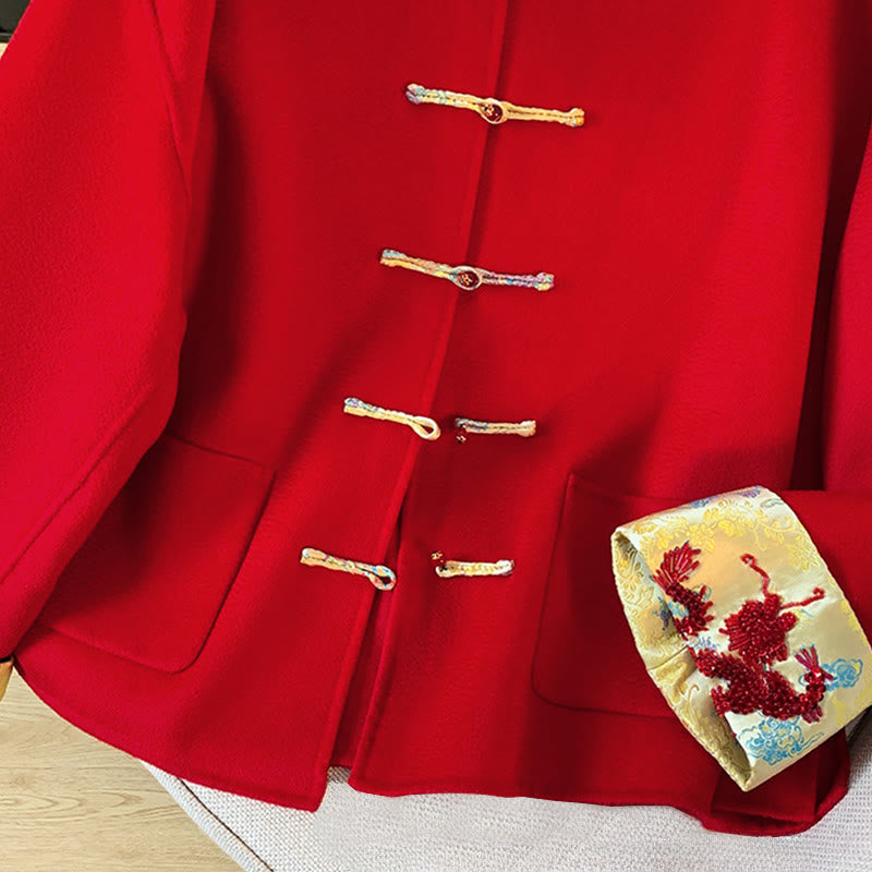 Winter Embroidery Buttons Design Long Sleeve Women's Cotton Jacket With Pockets