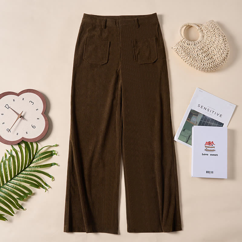 Plain Corduroy Polyester Women's Buttons Wide Leg Pants With Pockets