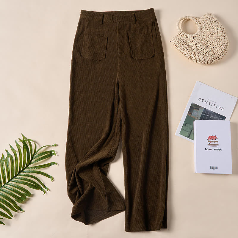 Plain Corduroy Polyester Women's Buttons Wide Leg Pants With Pockets