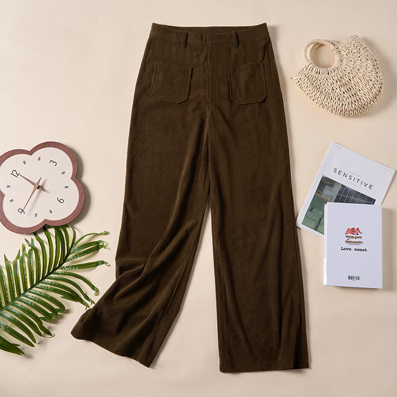 Plain Corduroy Polyester Women's Buttons Wide Leg Pants With Pockets