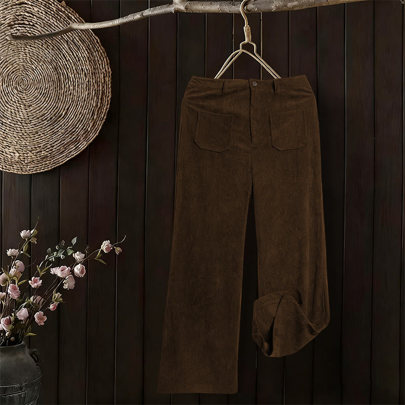 Plain Corduroy Polyester Women's Buttons Wide Leg Pants With Pockets