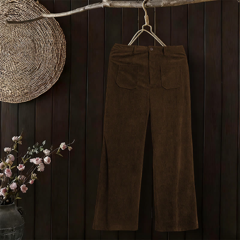 Plain Corduroy Polyester Women's Buttons Wide Leg Pants With Pockets