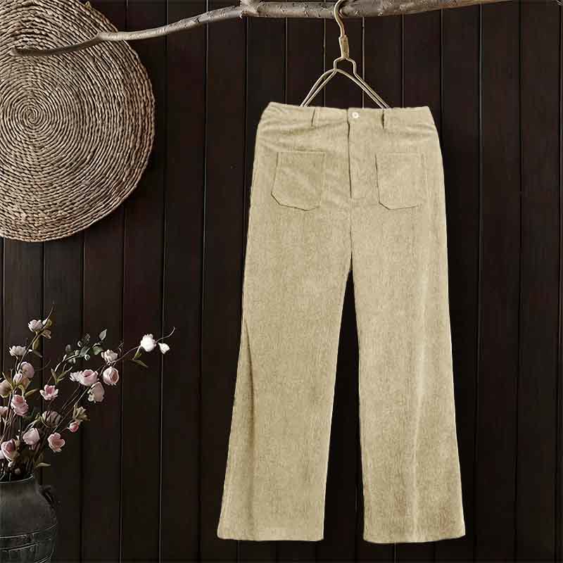 Plain Corduroy Polyester Women's Buttons Wide Leg Pants With Pockets