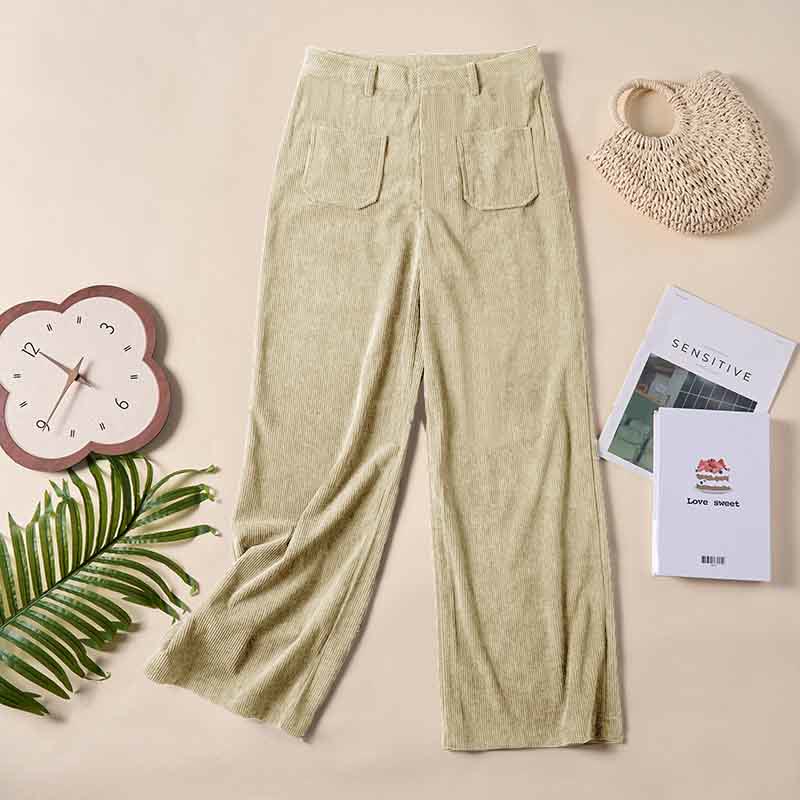 Plain Corduroy Polyester Women's Buttons Wide Leg Pants With Pockets