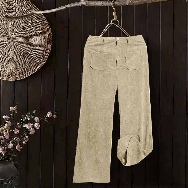 Plain Corduroy Polyester Women's Buttons Wide Leg Pants With Pockets