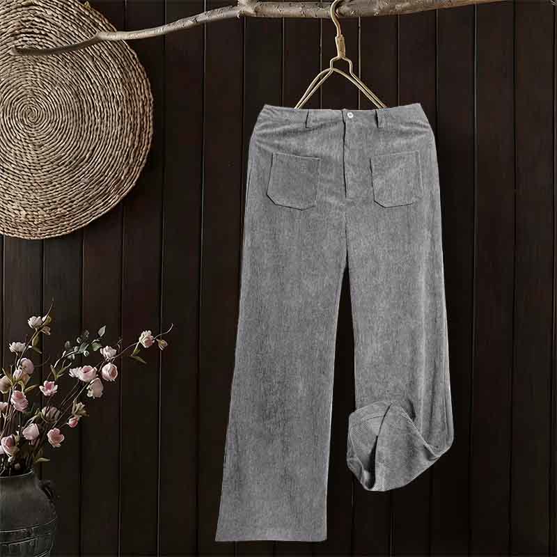 Plain Corduroy Polyester Women's Buttons Wide Leg Pants With Pockets