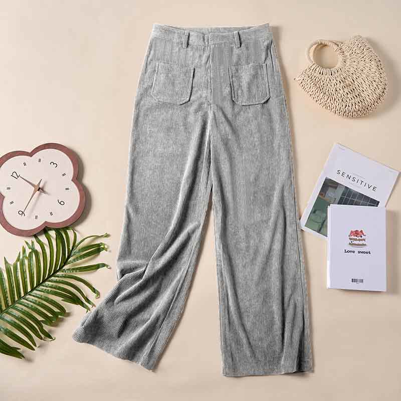 Plain Corduroy Polyester Women's Buttons Wide Leg Pants With Pockets