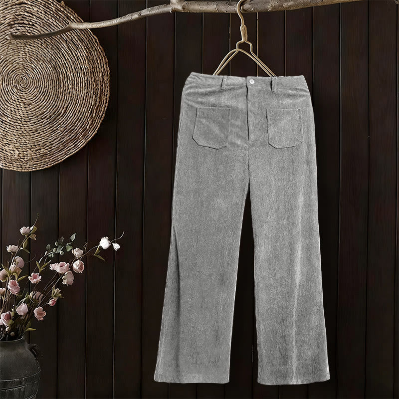 Plain Corduroy Polyester Women's Buttons Wide Leg Pants With Pockets