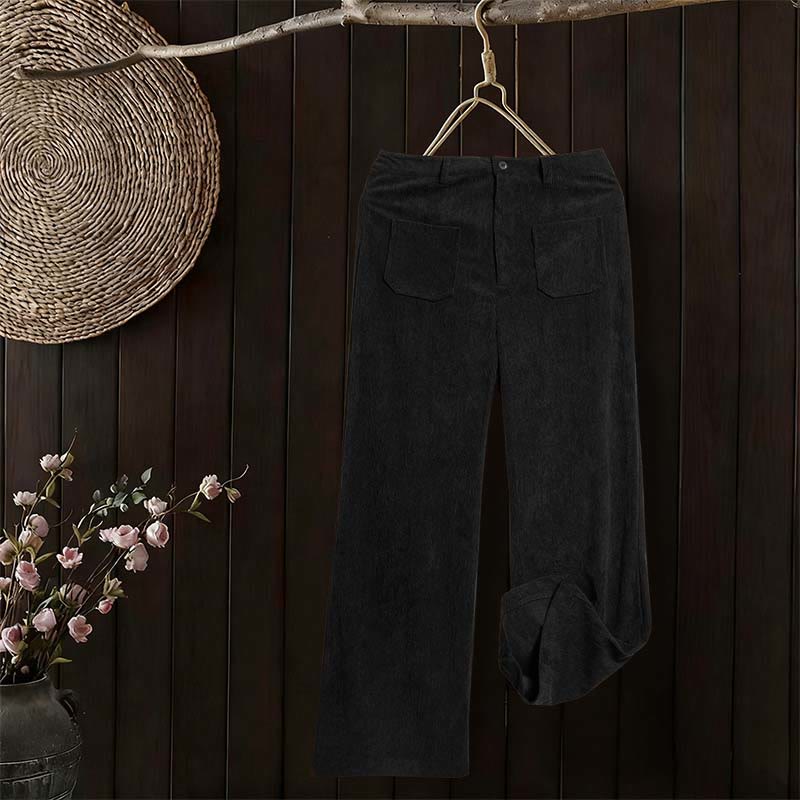 Plain Corduroy Polyester Women's Buttons Wide Leg Pants With Pockets