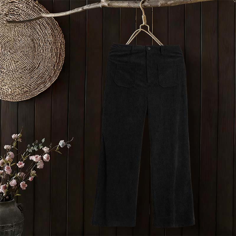 Plain Corduroy Polyester Women's Buttons Wide Leg Pants With Pockets