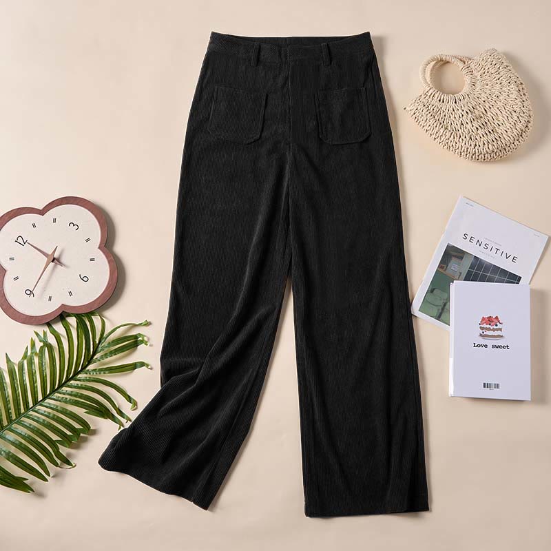 Plain Corduroy Polyester Women's Buttons Wide Leg Pants With Pockets