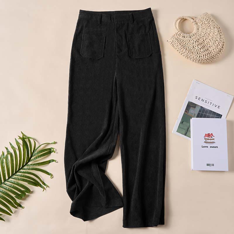 Plain Corduroy Polyester Women's Buttons Wide Leg Pants With Pockets