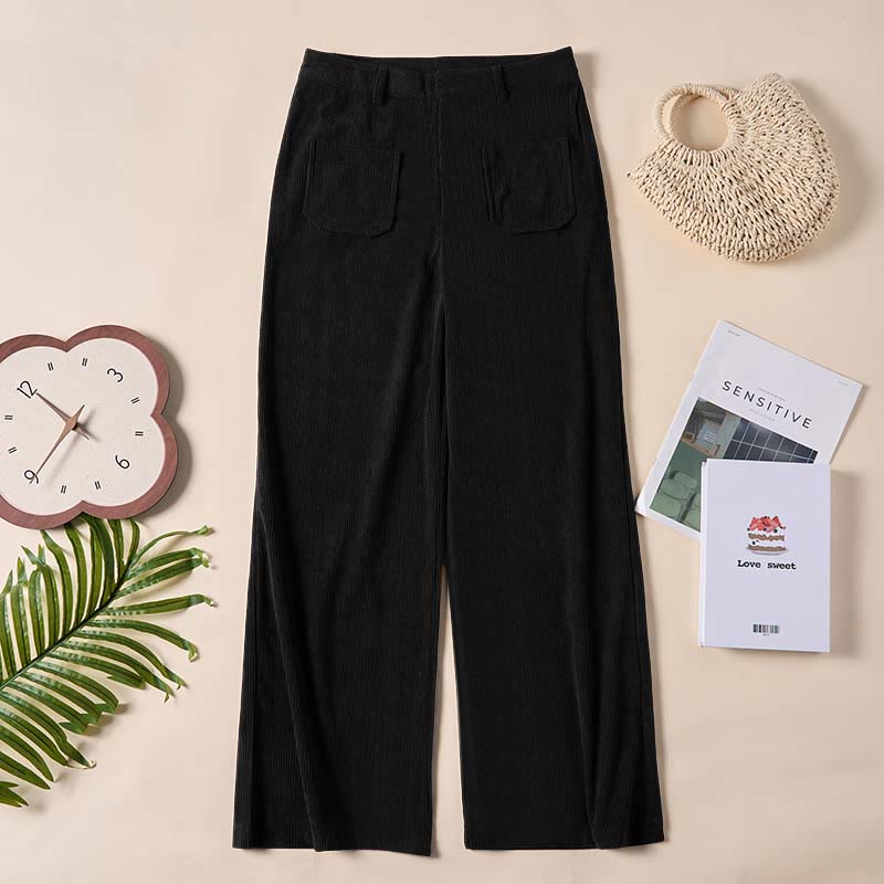 Plain Corduroy Polyester Women's Buttons Wide Leg Pants With Pockets