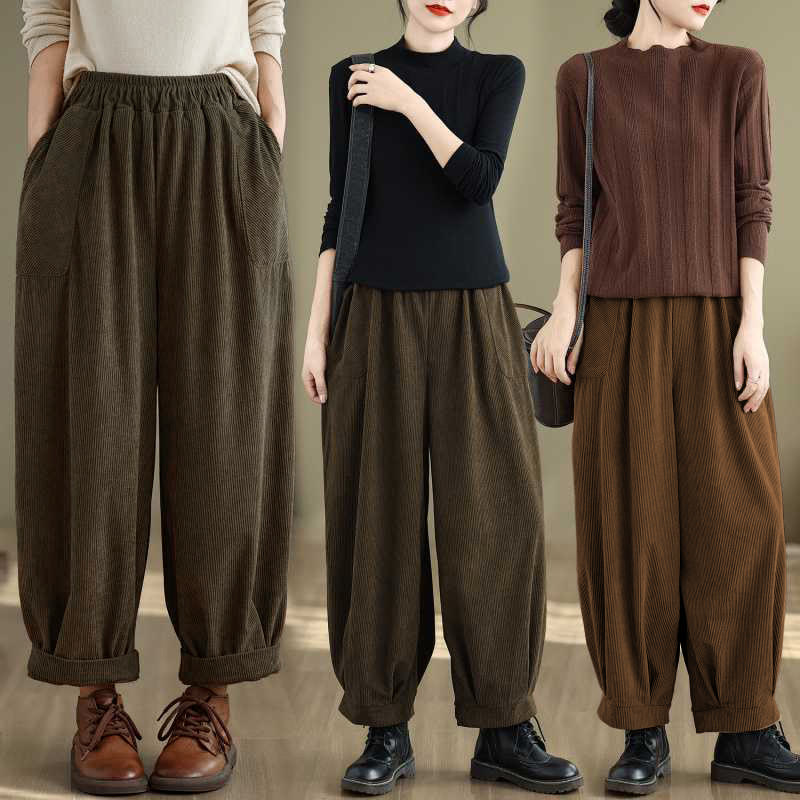 Tactile Corduroy Slim-Fit Carrot Harem Pants for Mindful Movement