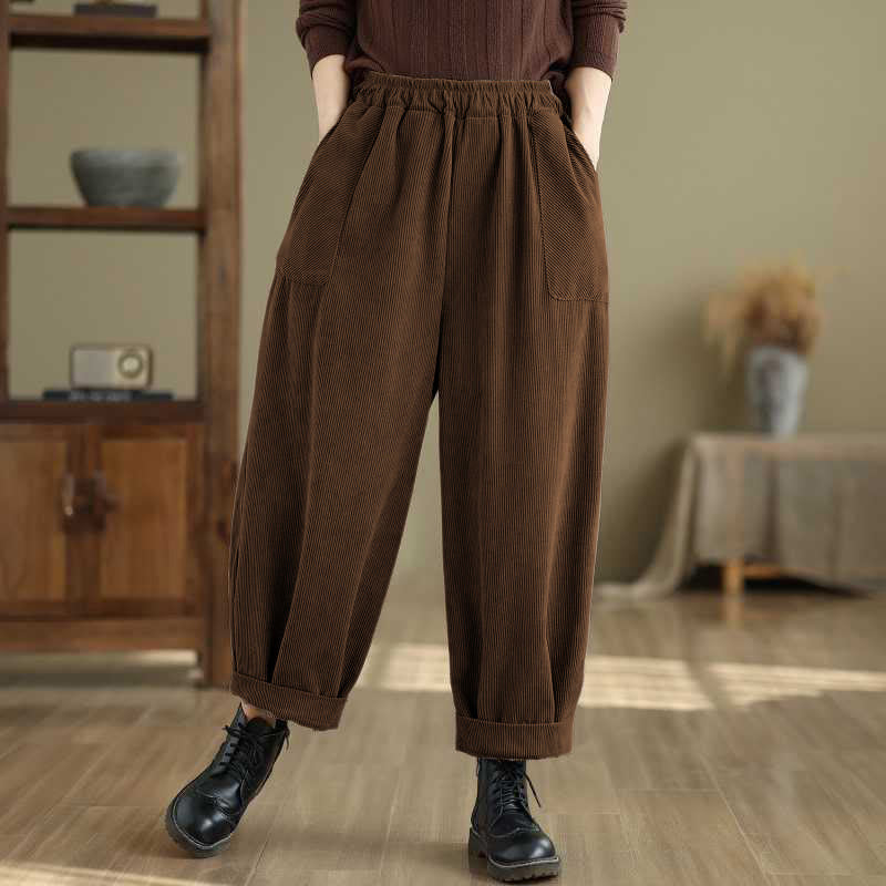 Tactile Corduroy Slim-Fit Carrot Harem Pants for Mindful Movement