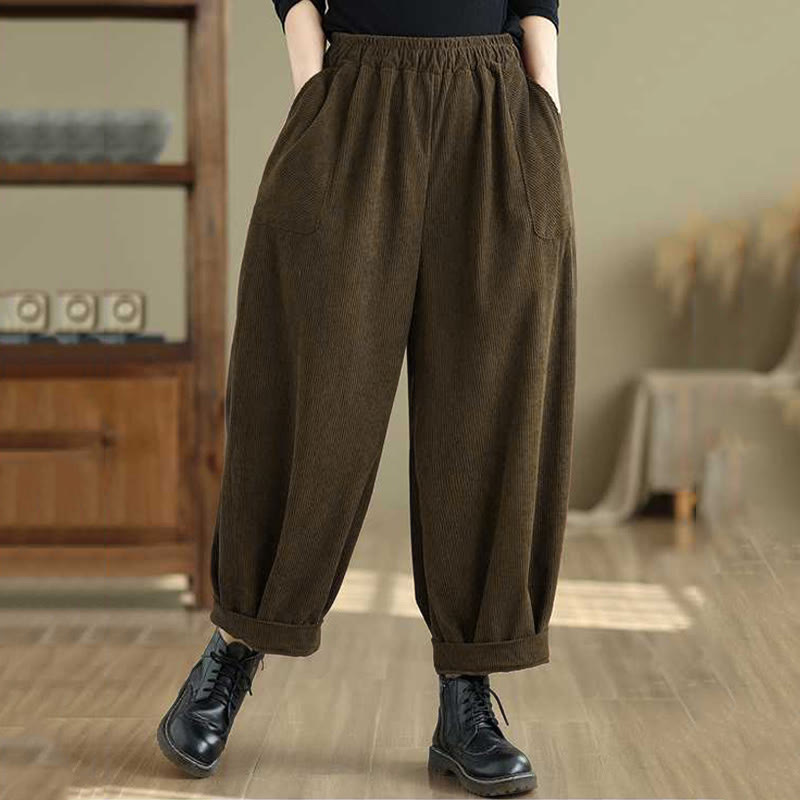 Tactile Corduroy Slim-Fit Carrot Harem Pants for Mindful Movement