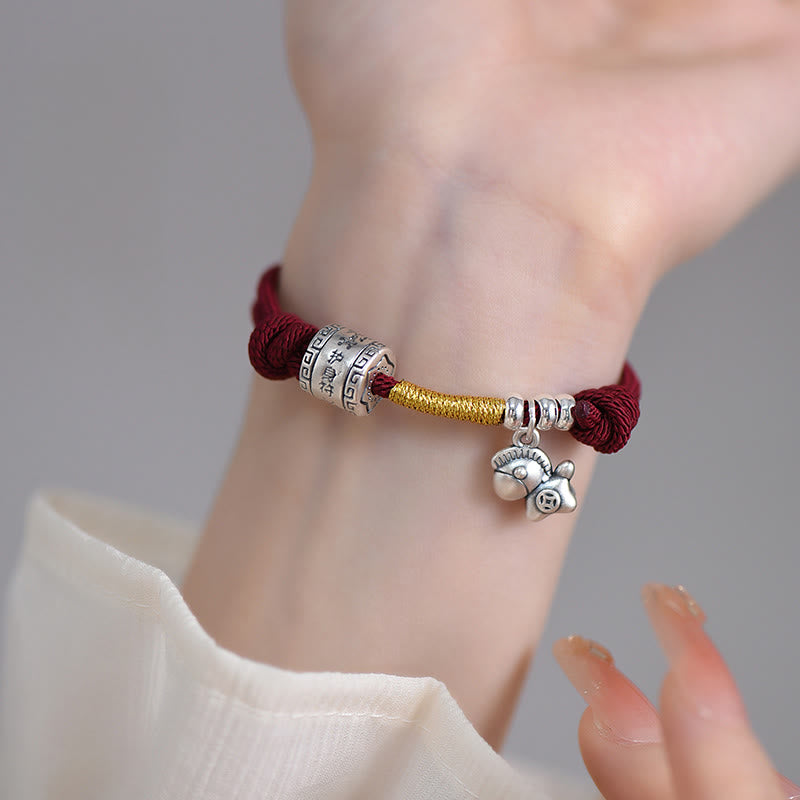 999 Sterling Silver Horse Zodiac Symbol Adjustable Red String Bracelet