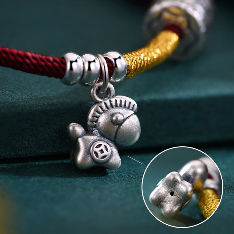 999 Sterling Silver Horse Zodiac Symbol Adjustable Red String Bracelet