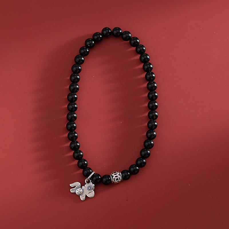 Year Of The Horse 925 Sterling Silver Natural Black Obsidian Strength Bracelet