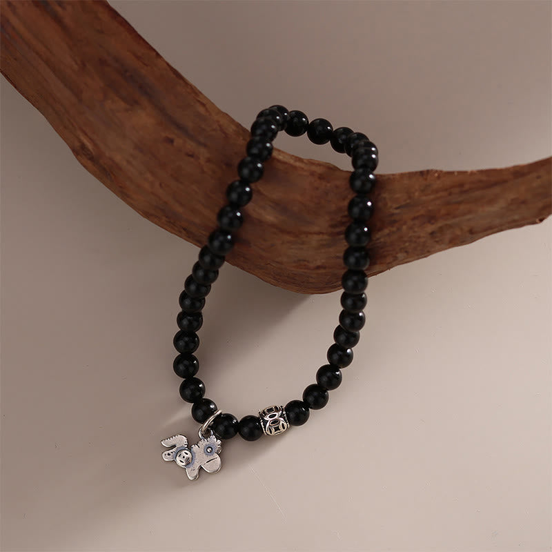 Year Of The Horse 925 Sterling Silver Natural Black Obsidian Strength Bracelet