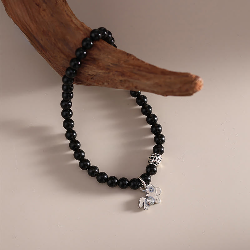 Year Of The Horse 925 Sterling Silver Natural Black Obsidian Strength Bracelet