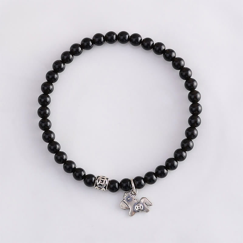 Year Of The Horse 925 Sterling Silver Natural Black Obsidian Strength Bracelet