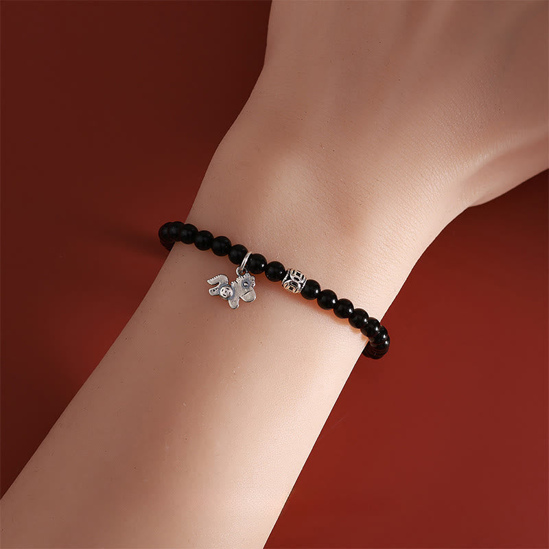 Year Of The Horse 925 Sterling Silver Natural Black Obsidian Strength Bracelet