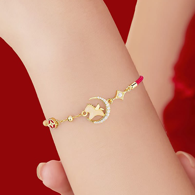 Hetian Jade and Sterling Silver Horse Zircon Red String Adjustable Bracelet