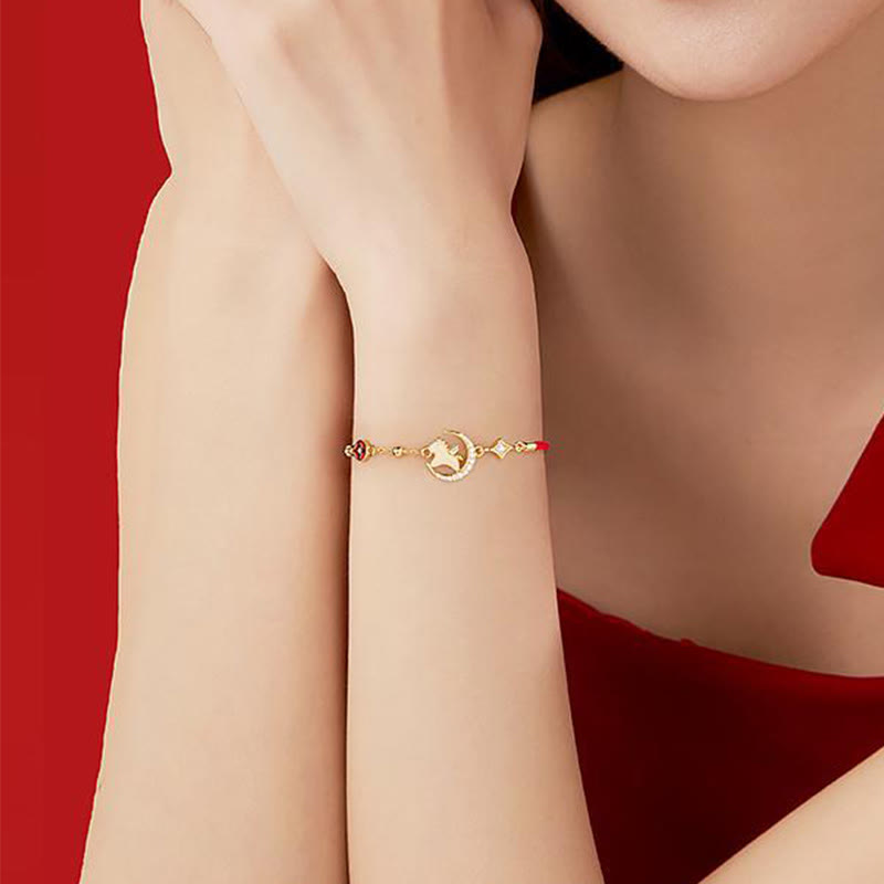 Hetian Jade and Sterling Silver Horse Zircon Red String Adjustable Bracelet