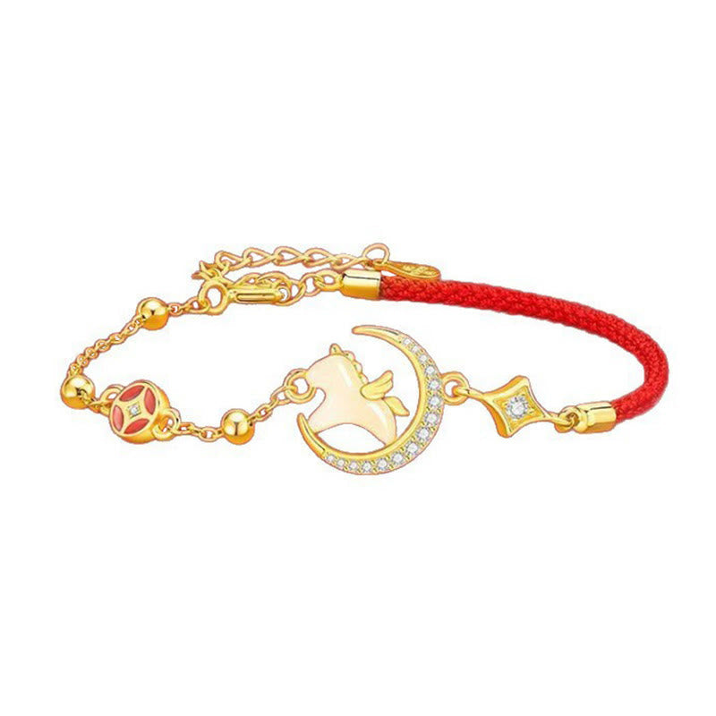 Hetian Jade and Sterling Silver Horse Zircon Red String Adjustable Bracelet