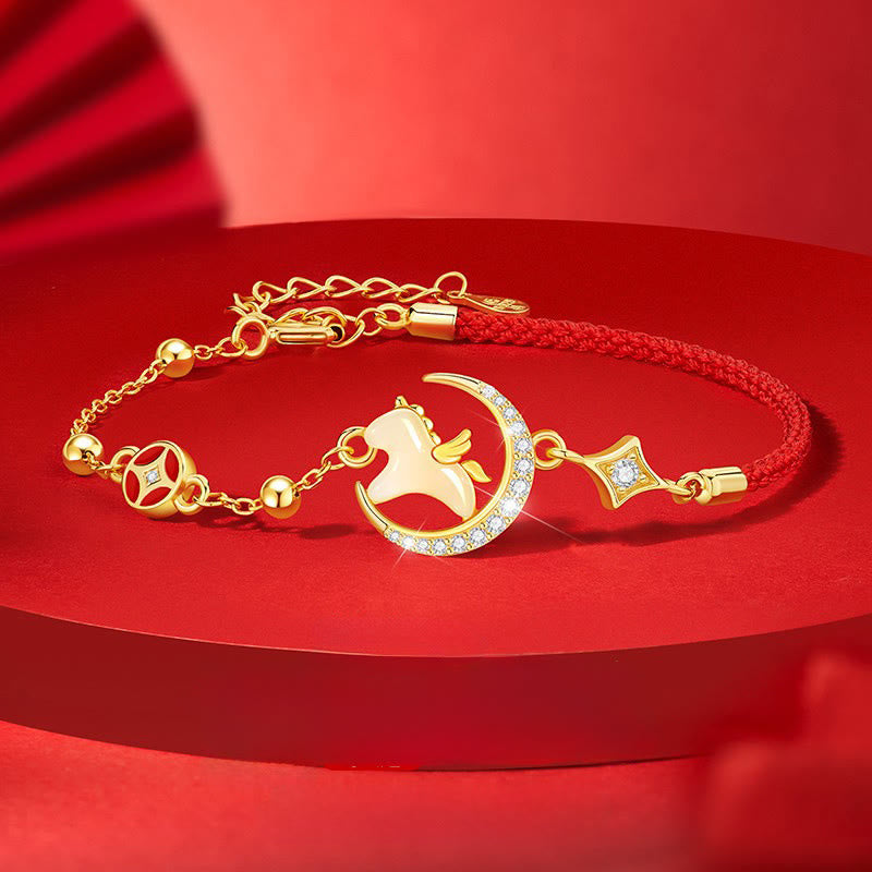 Hetian Jade and Sterling Silver Horse Zircon Red String Adjustable Bracelet