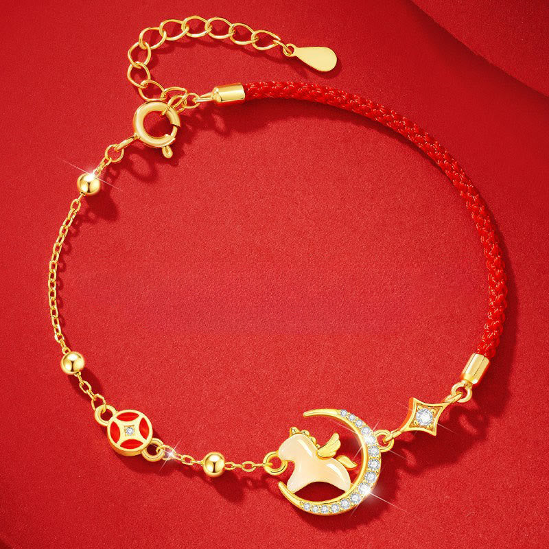 Hetian Jade and Sterling Silver Horse Zircon Red String Adjustable Bracelet