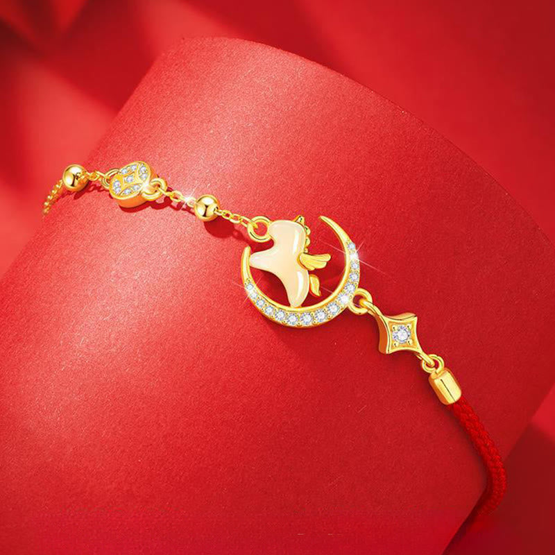 Hetian Jade and Sterling Silver Horse Zircon Red String Adjustable Bracelet