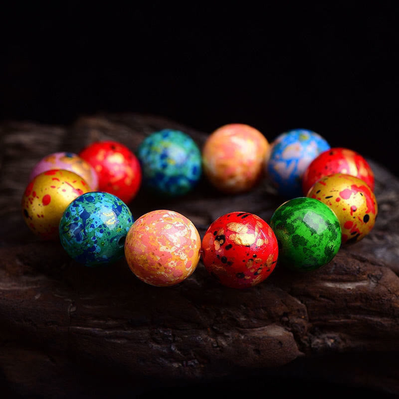 Multicolored Lacquer Sandalwood Om Mani Padme Hum Single Wrap Beaded Bracelet