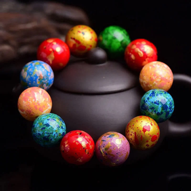 Multicolored Lacquer Sandalwood Om Mani Padme Hum Single Wrap Beaded Bracelet