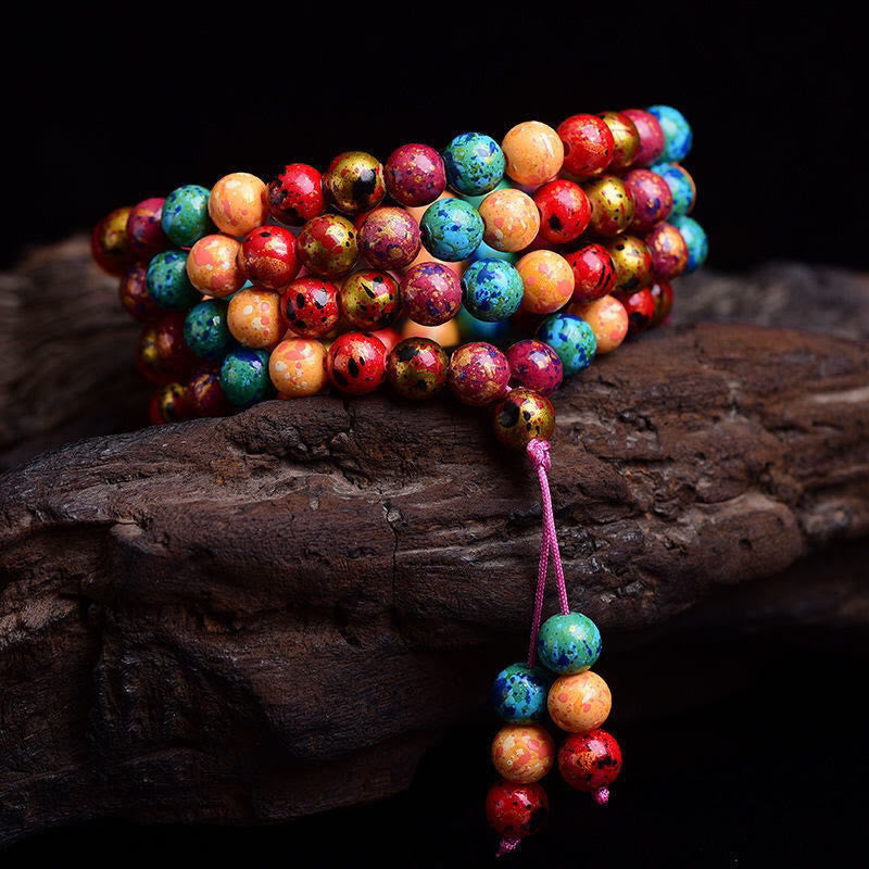 Multicolored Lacquer 108 Mala Beads Multilayered Sandalwood Wrap Bracelet