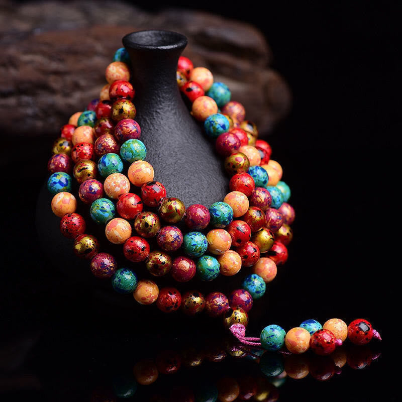 Multicolored Lacquer 108 Mala Beads Multilayered Sandalwood Wrap Bracelet