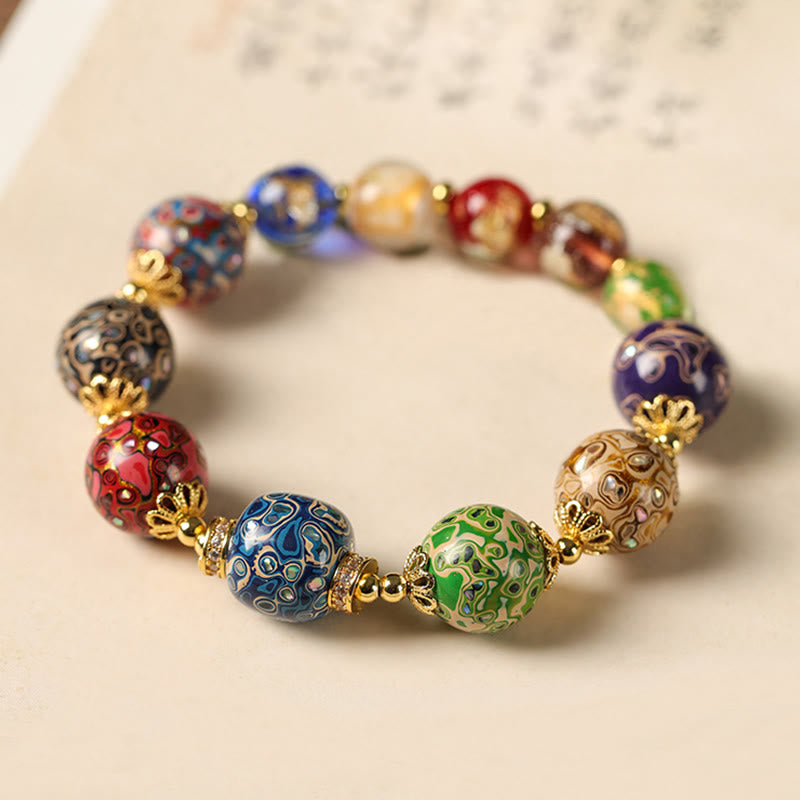 Colorful Liuli Glass Sandalwood Wu Lou Gourd Lacquer Bead Five Elements Bracelet