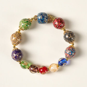 Colorful Liuli Glass Sandalwood Wu Lou Gourd Lacquer Bead Five Elements Bracelet